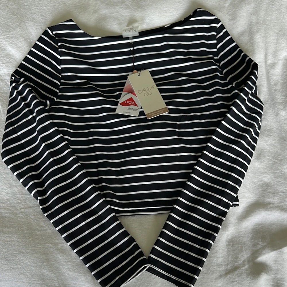 Calia Black and White Swim Cropped Rash Guard
